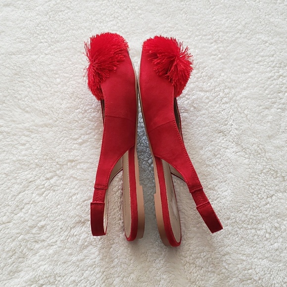 Red Suede Sling Back Pom Pom Flats - Picture 3 of 5